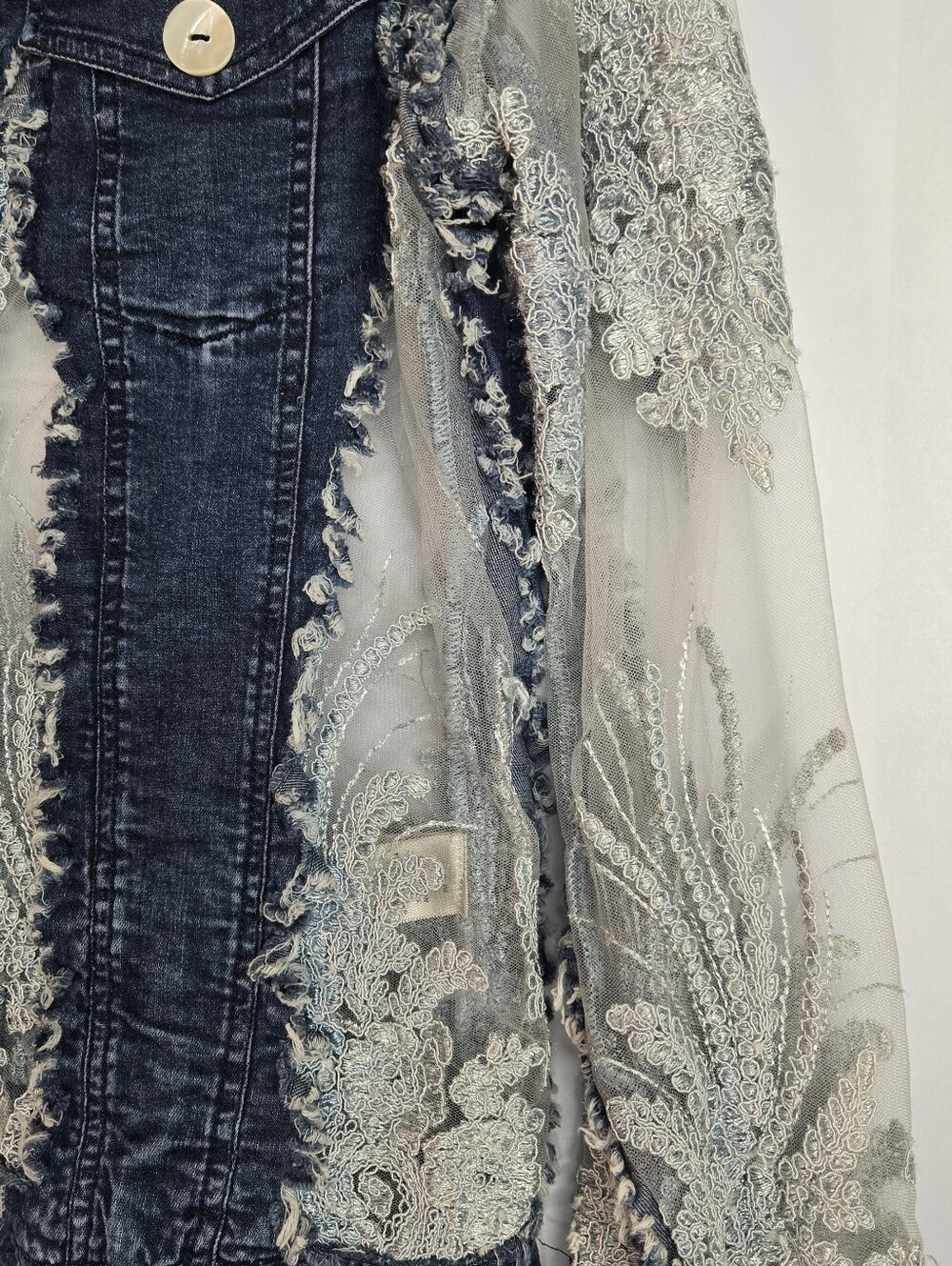 John Mark Women Size S Denim & Lace Cutout Button front Jacket, Patch Pockets - Picture 6 of 13
